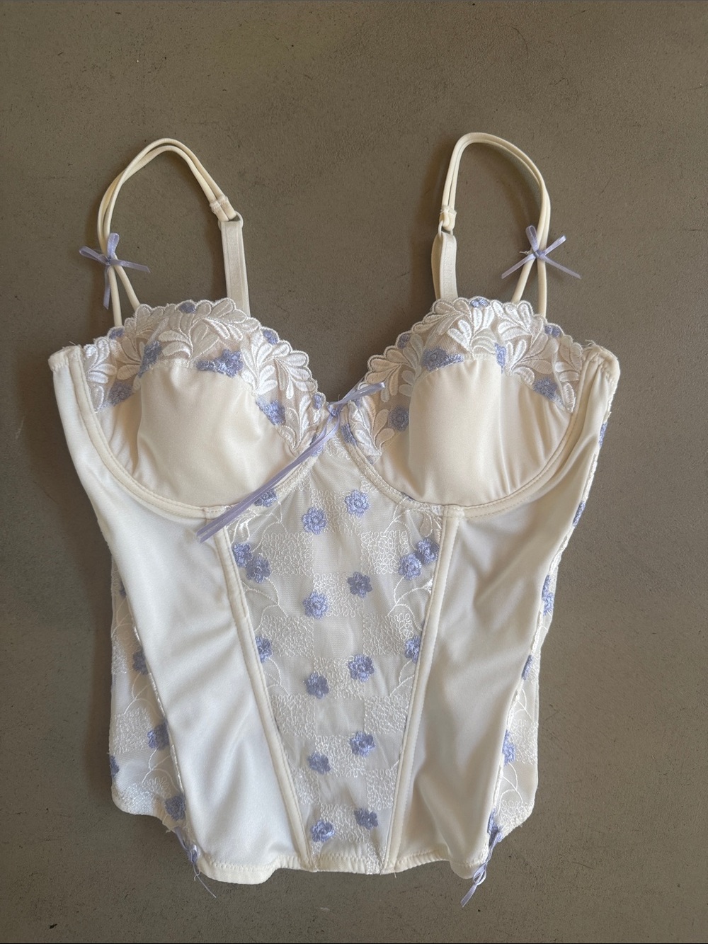 Vintage Lace-Trim Ivory and Lavender Bustier Corset Top